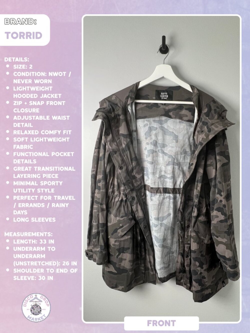 Torrid Happy Camper Camo Utility Jacket Size 2 NWOT Hooded Lightweight Plus Size